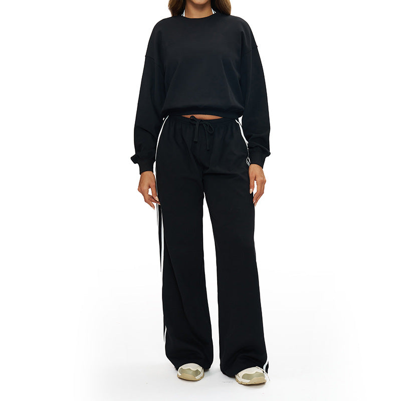 Round-neck long-sleeve sweatshirt+Contrast contrast loose sweatpants 2-piece set