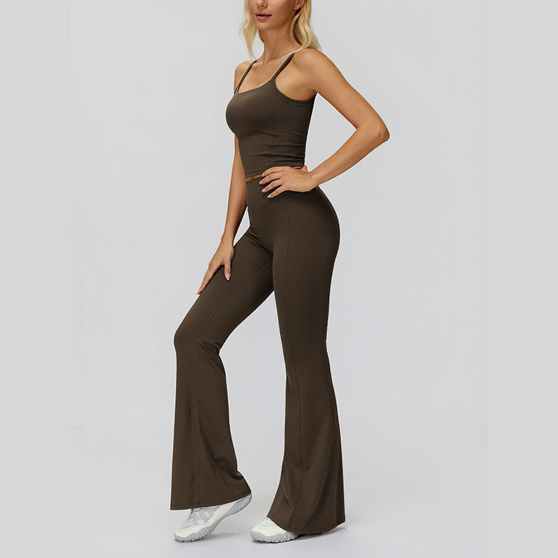 Sports vest with U-shaped+High waisted sports flared pants 2-piece set