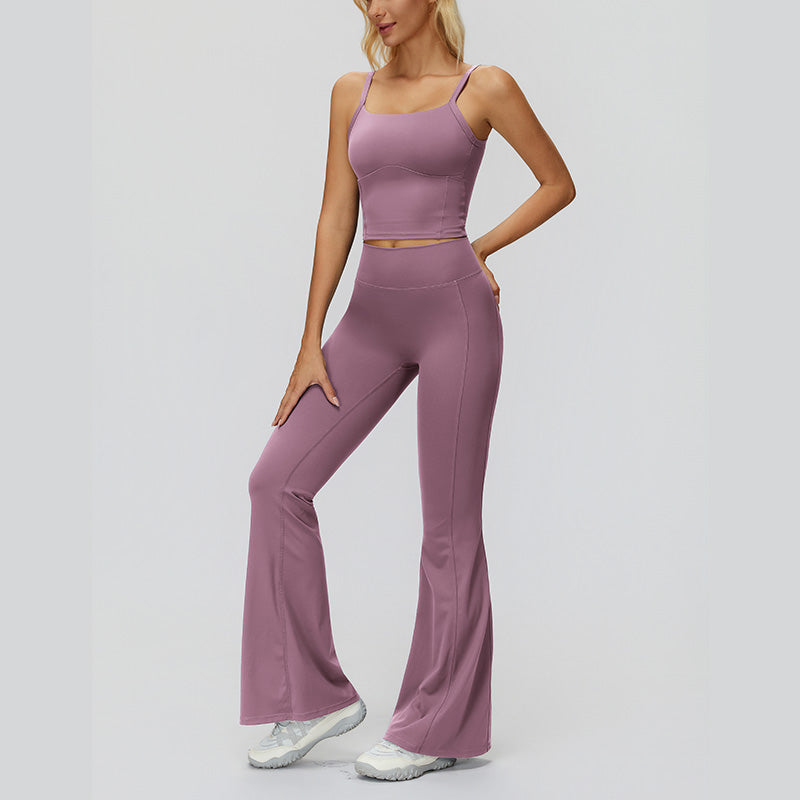 Sports vest with U-shaped+High waisted sports flared pants 2-piece set