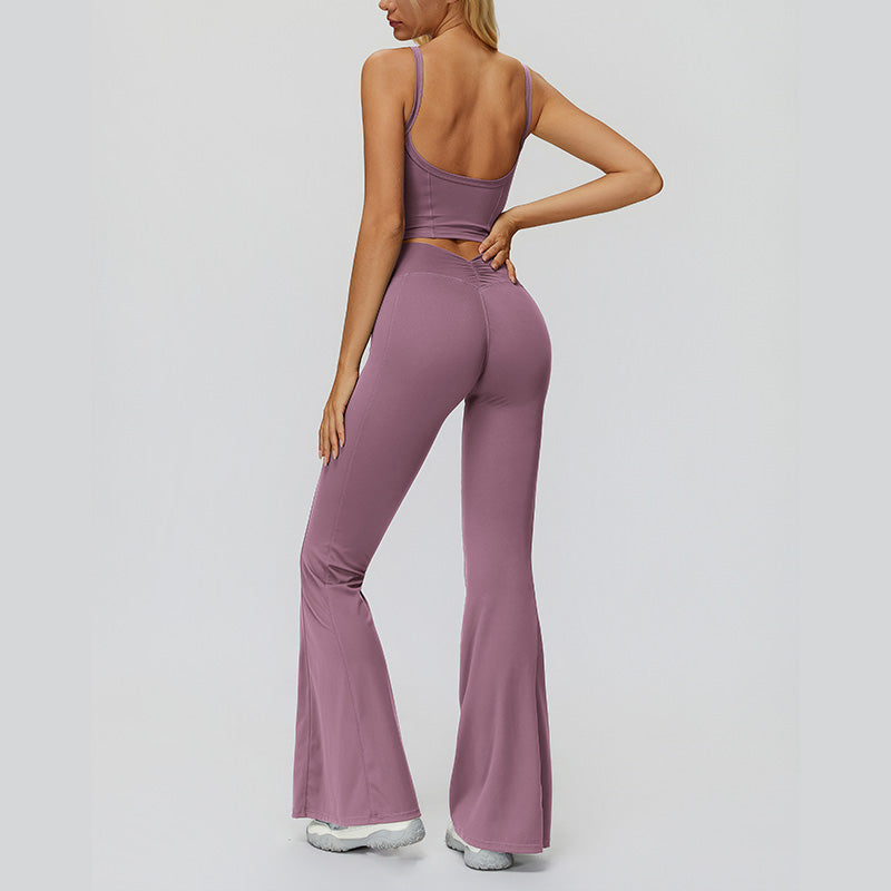 Sports vest with U-shaped+High waisted sports flared pants 2-piece set