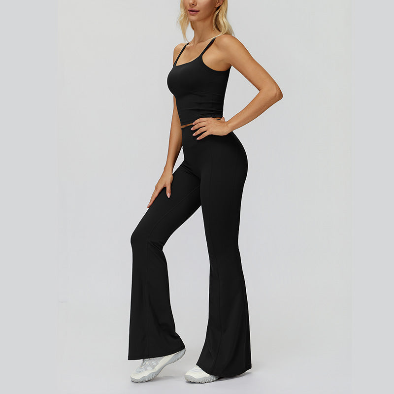 Sports vest with U-shaped+High waisted sports flared pants 2-piece set