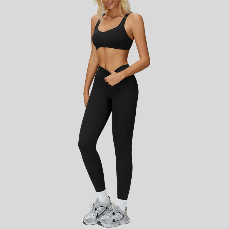 Sports bra with removable bra pads+High-waisted V-neck leggings at the back 2-piece set